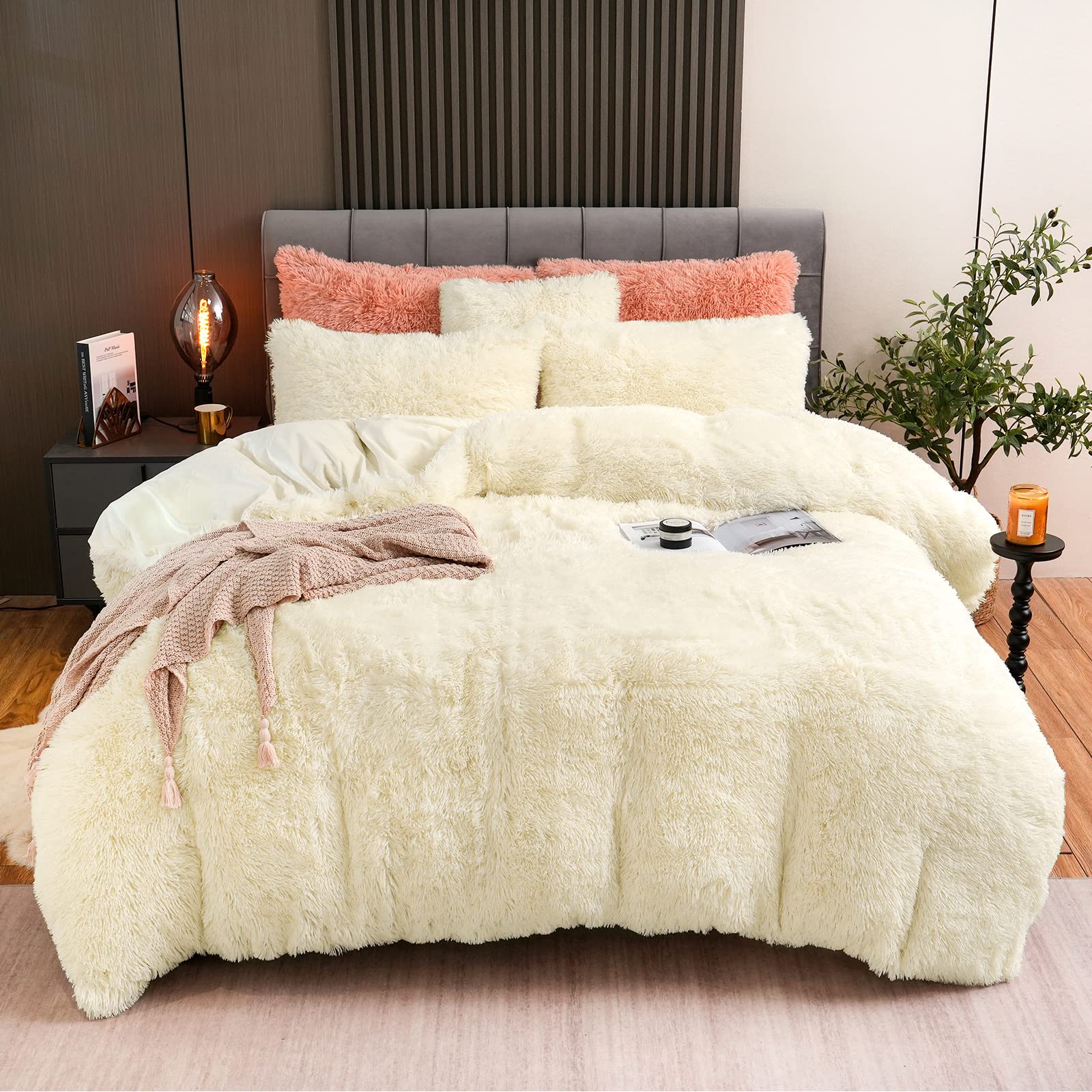 Fluffy Plush Duvet Cover Set King Size, Luxury Ultra Soft Velvet Fuzzy Comforter Cover Bed Sets 4Pcs(1 Faux Fur Duvet Cover + 2